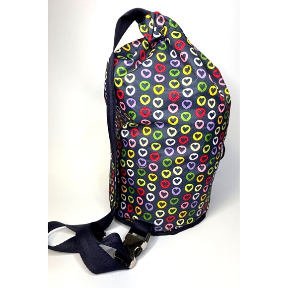 LeSportSac Sling Bucket Crossbody Bag Drawstring Top Reversible Hearts Navy EUC - Picture 3 of 16